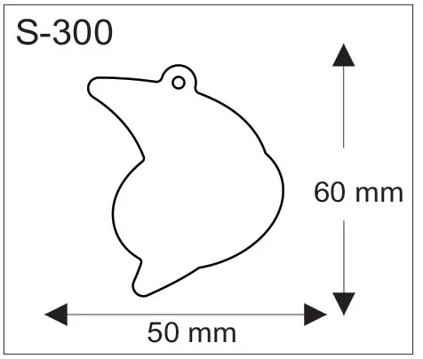 Linnun muotoisen pehmoheijastimen mittakuva, leveys 50 mm ja korkeus 60 mm.