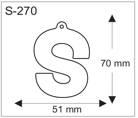 S-kirjaimen muotoinen pehmoheijastin ripustusreiällä, mitat 51 mm x 70 mm.