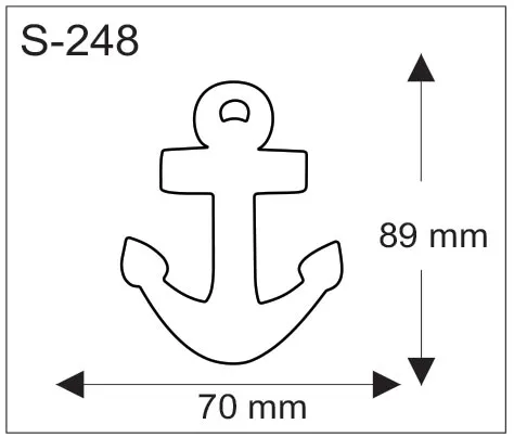 Ankkurin muotoinen pehmoheijastin ja sen mitat 70 mm x 89 mm.