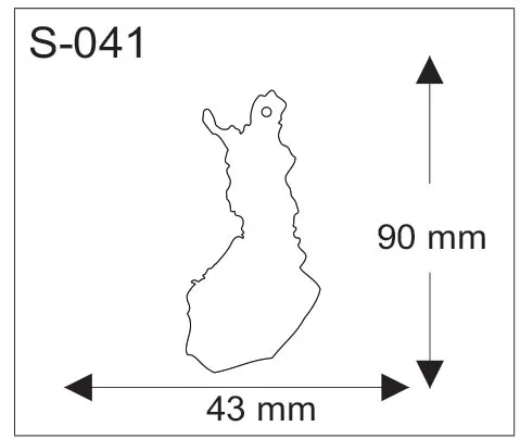 Suomen kartan muotoinen pehmoheijastin, mitat 90 mm x 43 mm.