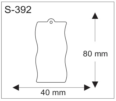 Pehmoheijastimen erikoismuoto: aaltoreunainen suorakaide ja ripustusreikä, mitat 40 x 80 mm.