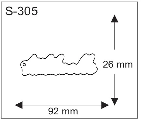 Pehmoheijastin erikoismuoto: pitkänomainen, aaltoreunainen heijastin, jonka mitat ovat 92 x 26 mm.