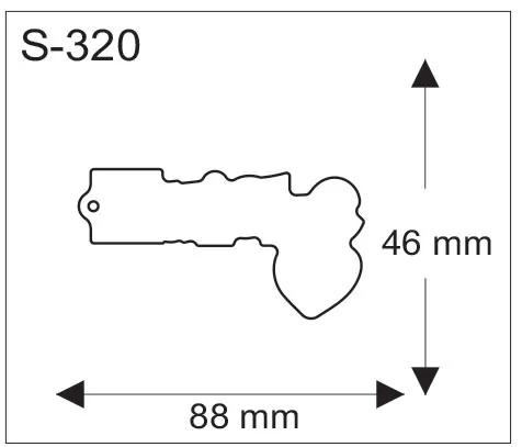 Avaimen muotoisen pehmoheijastimen mittapiirros, koko 88 x 46 mm.