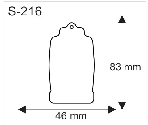 Riippulapun muotoinen pehmoheijastin, jonka yläreunassa on reikä; mitat 46 x 83 mm.