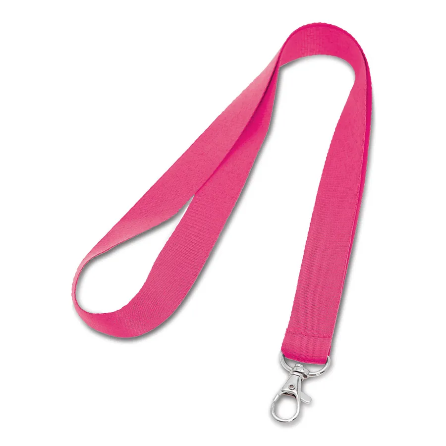 Pinkki polyesterinen kaulanauha, jonka päässä on metallinen karbiinihaka.