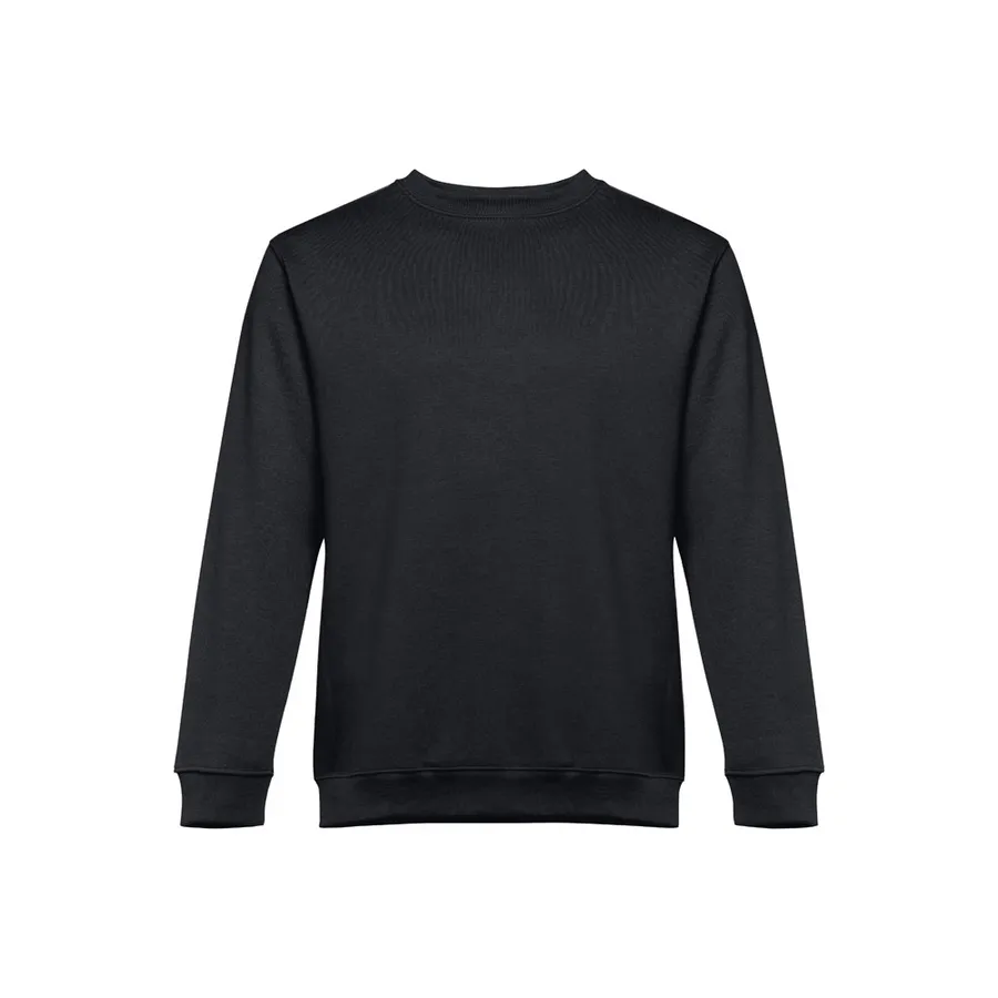 Musta unisex-collegepaita, jossa pyöreä pääntie sekä resorit hihansuissa ja helmassa.