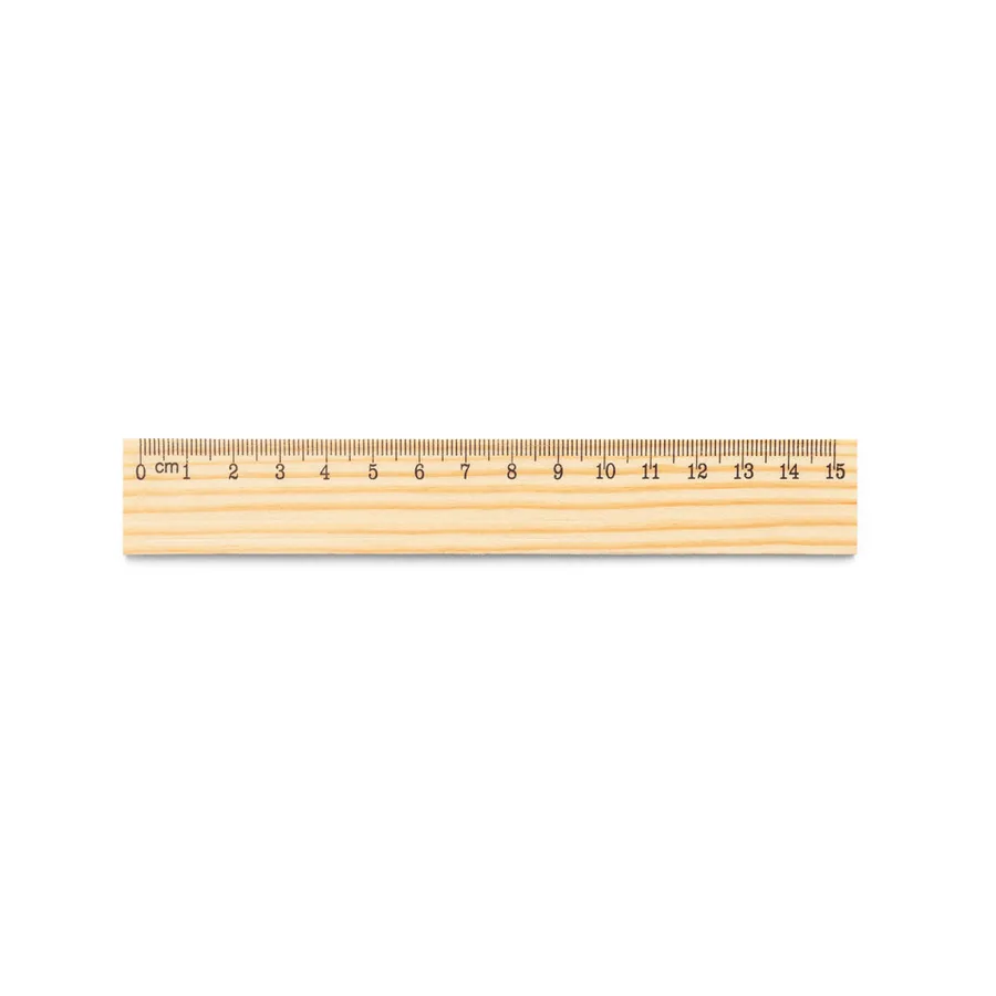 Vaalea mäntypuinen viivain, jossa on musta 15 cm asteikko.