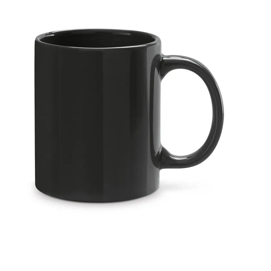 Musta keraaminen BARINE-muki, jossa on suora runko ja leveä korva.