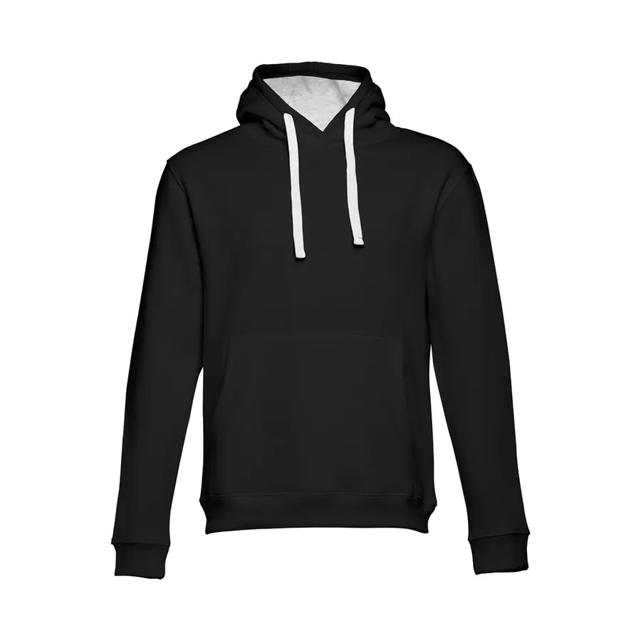 Musta unisex-collegepaita, jossa huppu, vaaleanharmaa hupun vuori ja valkoiset nauhat.