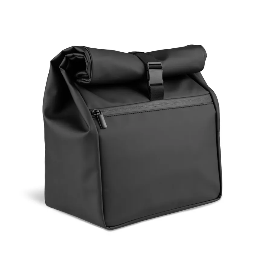 Musta AZORES COOLER -lämpökassi, jossa rullattava yläosa, solkikiinnitys ja vetoketjullinen etutasku.