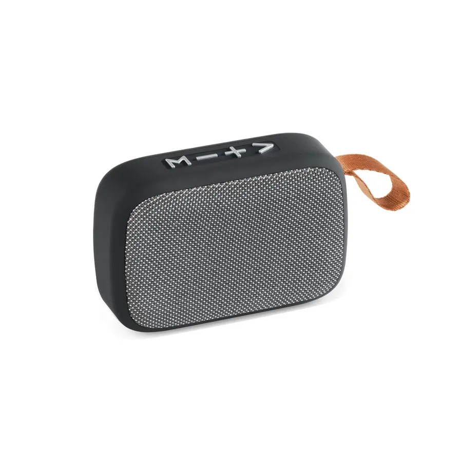Harmaa kangaspintainen GANTE-Bluetooth-kaiutin, jossa musta ABS-runko, painikkeet ja kantolenkki.