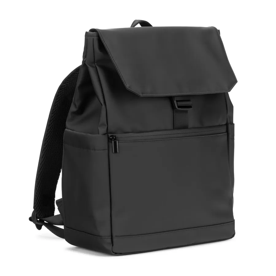 Musta AZORES BAG -läppärireppu, jossa läppä ja vetoketjullinen etutasku.