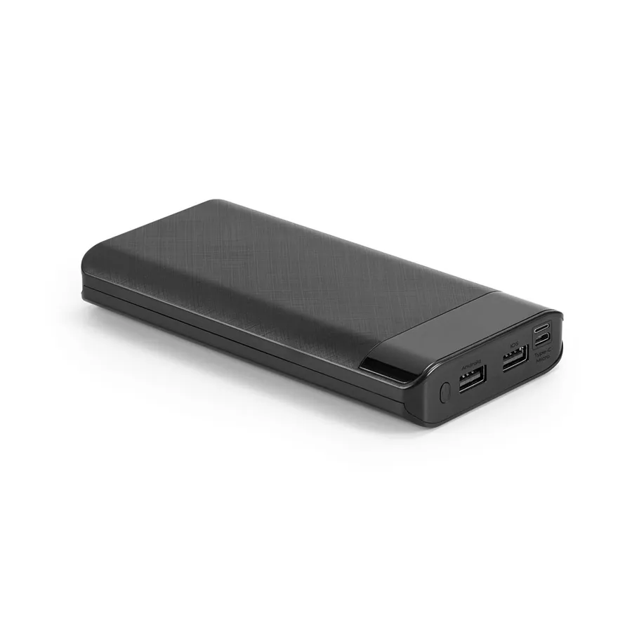 Musta suorakulmainen varavirtalähde, jossa kaksi USB-A-liitäntää ja USB-C-liitäntä.