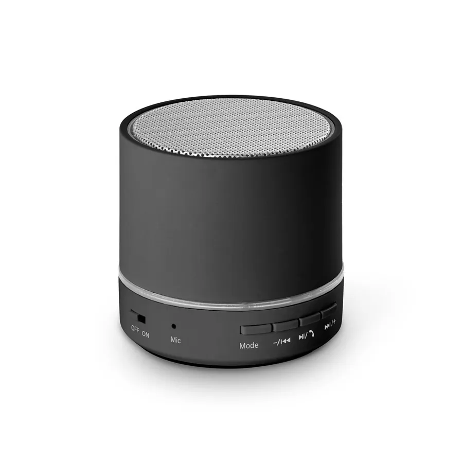 Musta pyöreä Bluetooth-kaiutin, jonka päällä hopeanvärinen ritilä ja sivussa painikkeet.