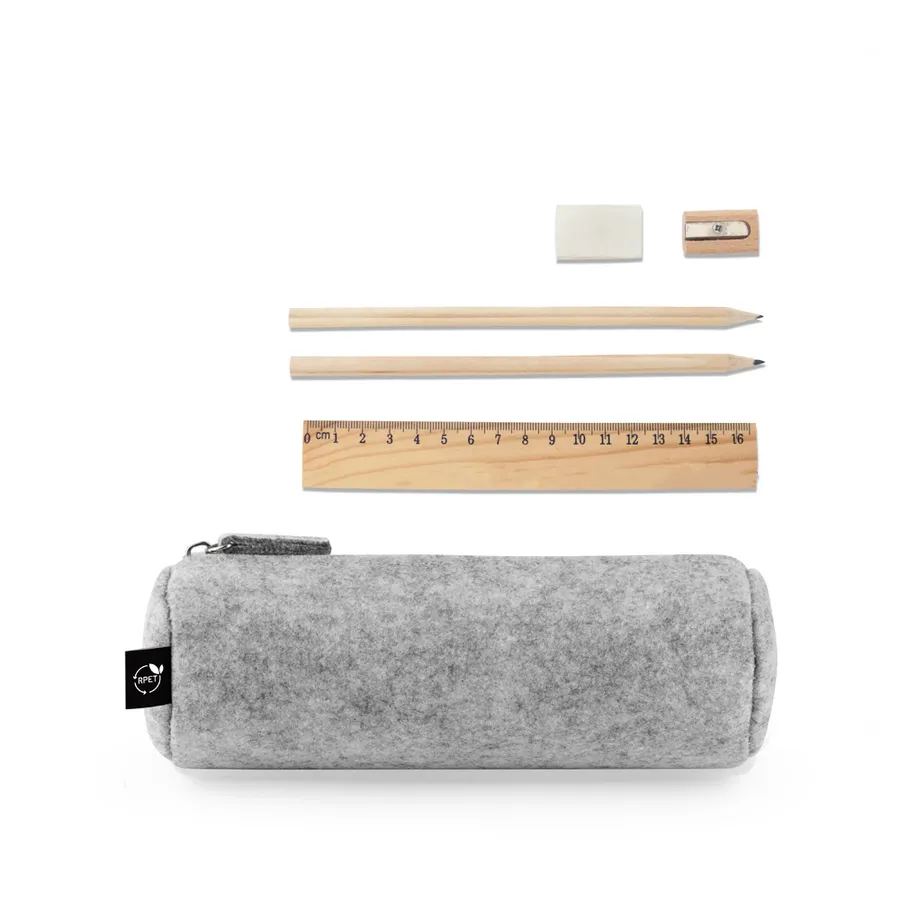 Grey NOMAD felt case with a ruler, two pencils, an eraser and a sharpener