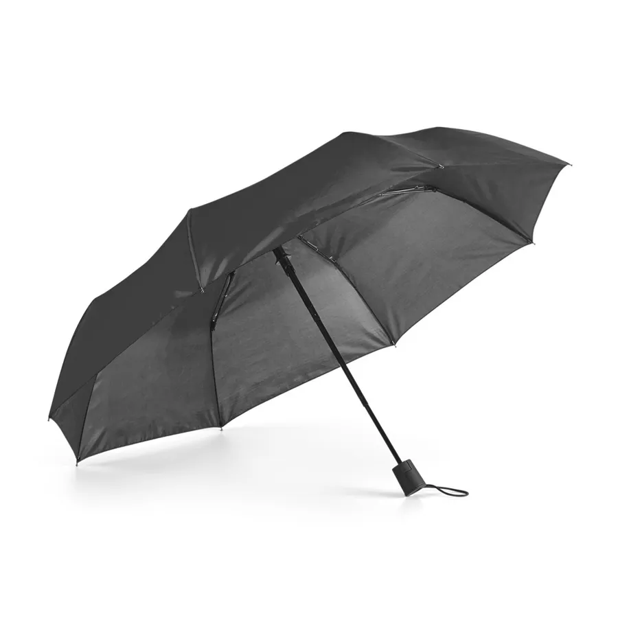 Musta kolmeen osaan taittuva sateenvarjo avattuna, mustassa varressa rannelenkki.