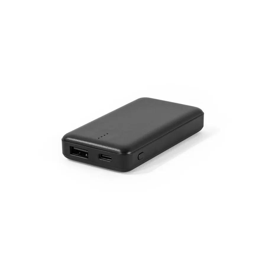 Musta SHERYL-varavirtalähde, jossa USB-A- ja USB-C-liitännät sekä virtapainike.