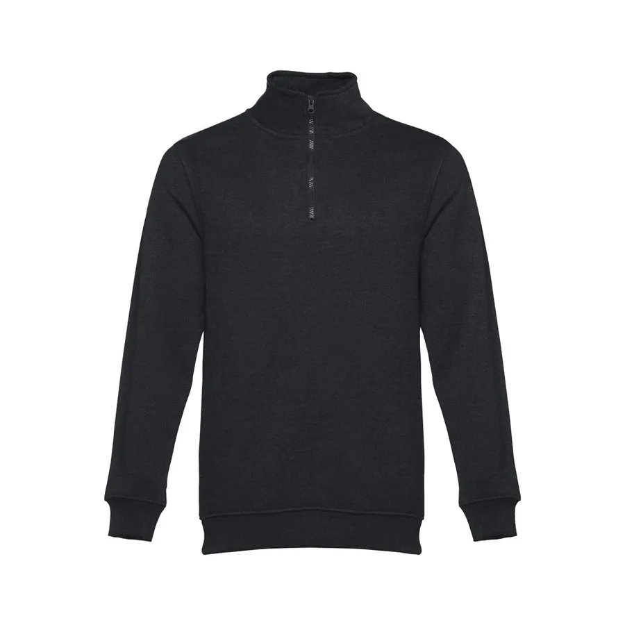 Musta unisex-collegepaita, jossa pystykaulus ja neljäsosapituinen vetoketju.