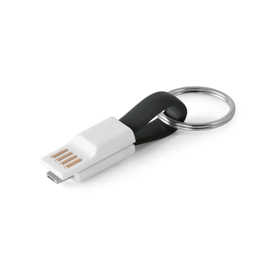 Lyhyt USB-kaapeli, jossa musta johto, valkoinen 2 in 1 -liitin ja metallinen avainrengas.