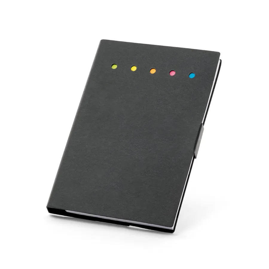 Black notebook with five coloured sticky note tabs on the cover edge.