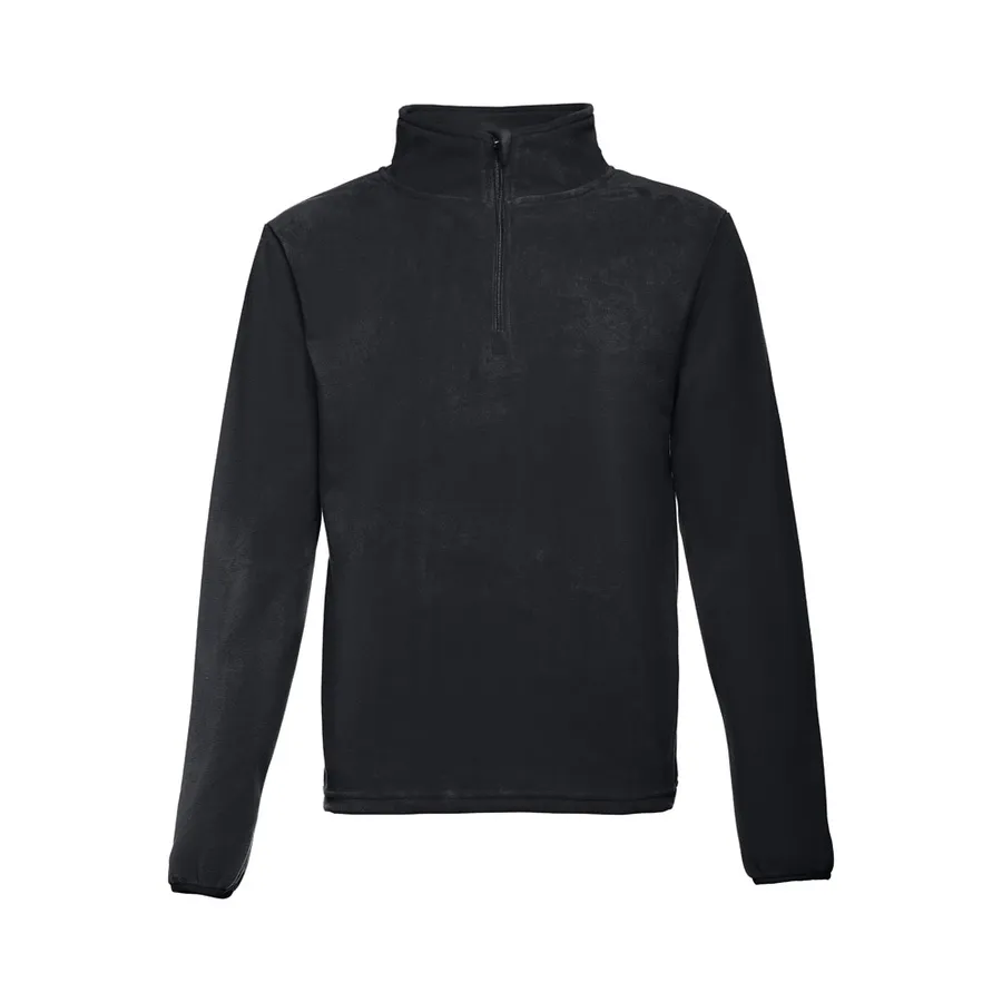 Musta unisex-polarfleece, jossa pystykaulus ja 1/4-vetoketju.