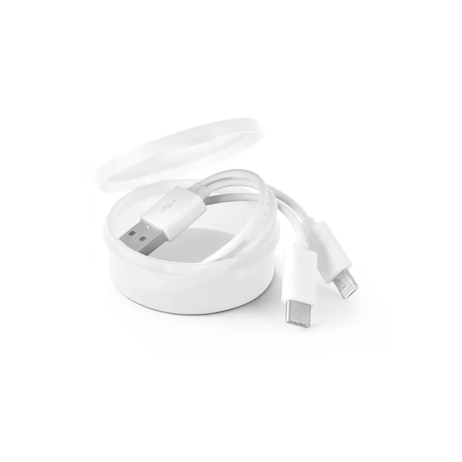 Valkoinen 3-in-1 USB-kaapeli ja pyöreä valkoinen säilytysrasia, liittiminä USB-A, USB-C ja microUSB/Lightning.
