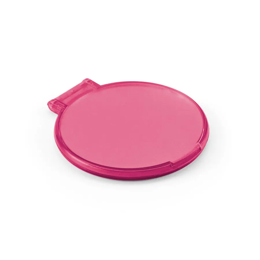 Pinkki pyöreä STREEP-meikkipeili suljettuna, reunassa pieni avausnipukka.