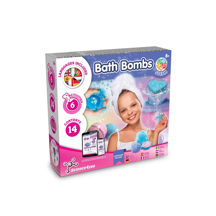 Bath Bombs Kit I -puuhasetin pakkaus, jonka kuvissa sydämen ja tähden muotoisia kylpypommeja.