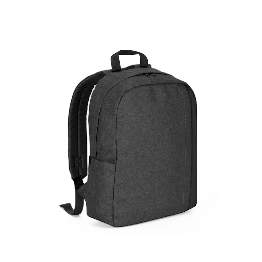 Tummanharmaa läppärireppu, jossa vetoketjullinen etutasku, sivutasku ja kantokahva.