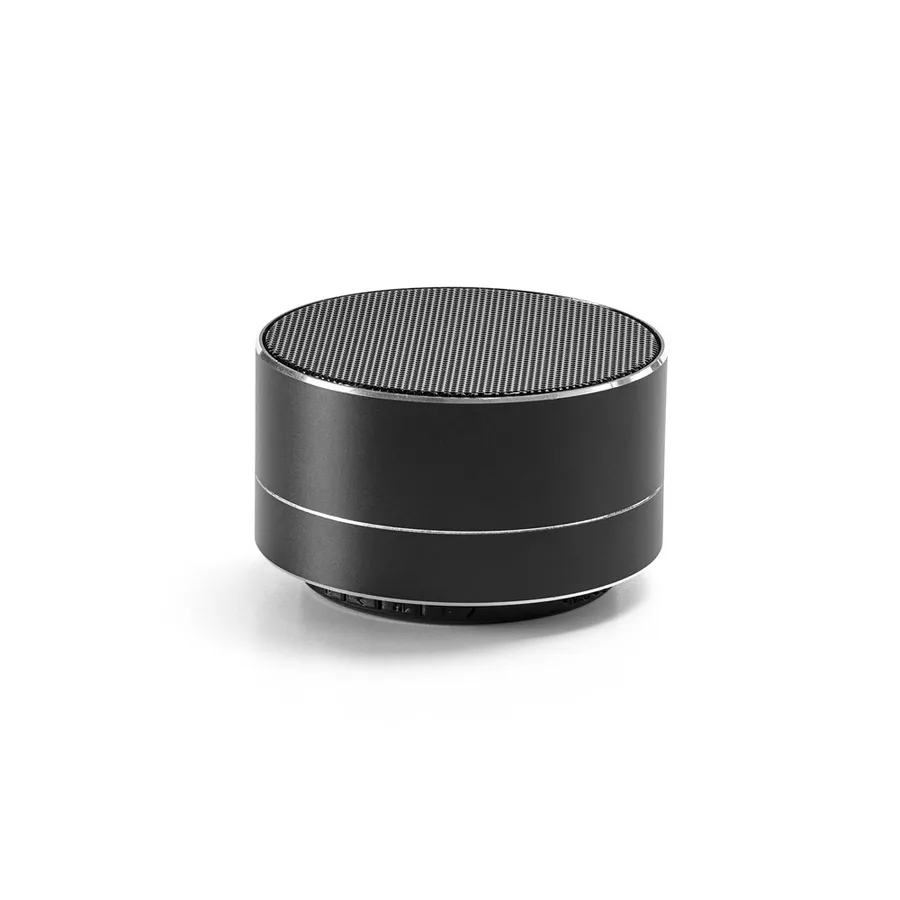 Musta pyöreä FLOREY-Bluetooth-kaiutin, jonka yläpinnassa on ritilöity kaiutinsäleikkö.