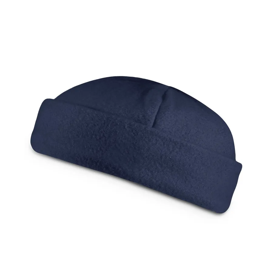 Tummansininen polarfleece-pipo, jossa käännetty reunus.