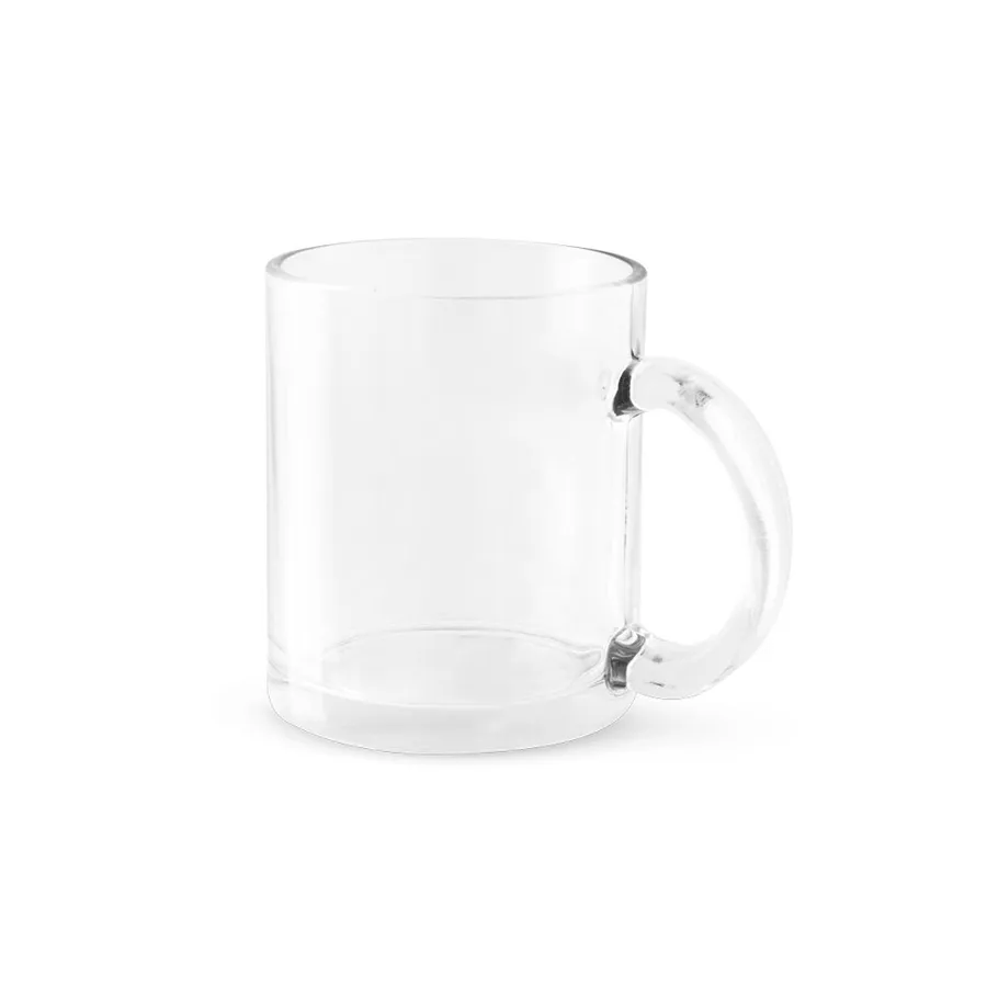 Läpinäkyvä lasinen muki, jossa on pyöreä korva.