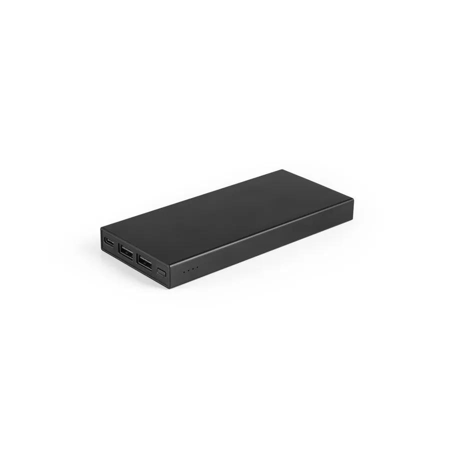Musta litteä varavirtalähde, jonka päädyssä USB-C- ja USB-A-liitännät sekä varauksen merkkivalot.