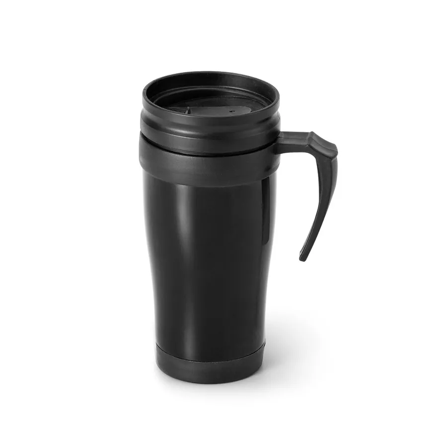 Musta LIVE. 420 ml PP-matkamuki, jossa on kansi ja kahva.