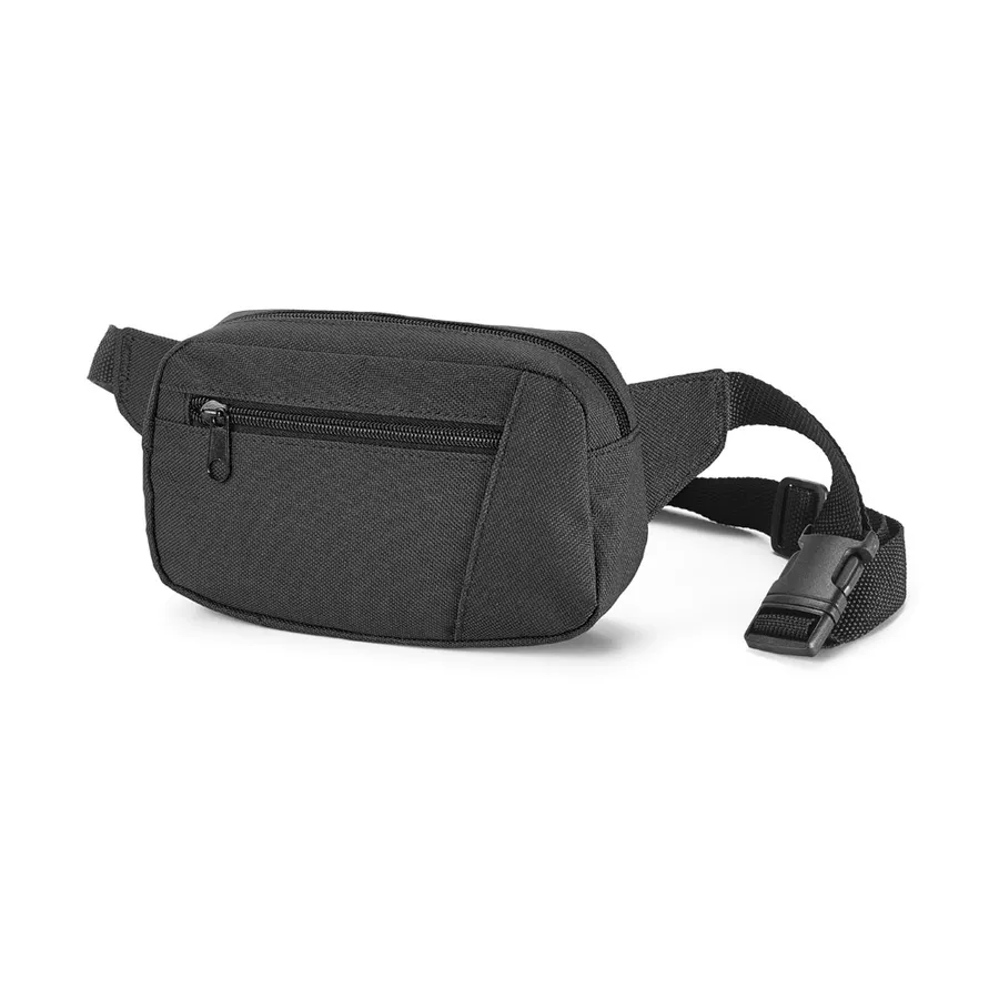 Musta LAGOS-vyölaukku, jossa vetoketjullinen etutasku ja säädettävä vyönauha pikasoljella.