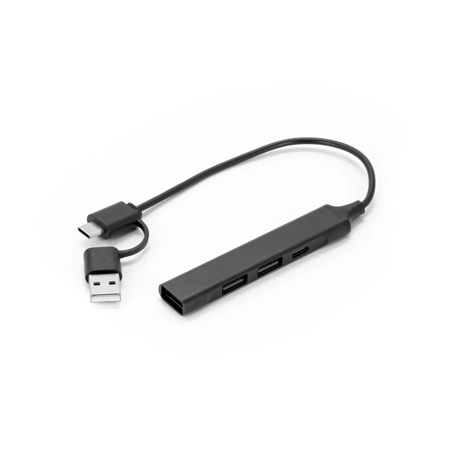 Musta USB-keskitin, jossa kolme USB-A-porttia ja USB-C-portti sekä johto USB-A- ja USB-C-liittimellä.