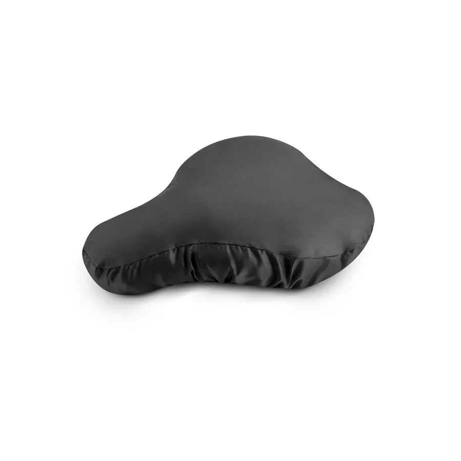 Musta polkupyörän satulanpäällinen, jonka alareuna on poimutettu.