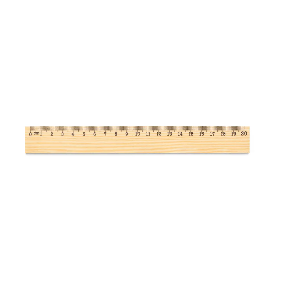 Vaalea mäntypuinen viivain, jossa musta 20 cm asteikko.