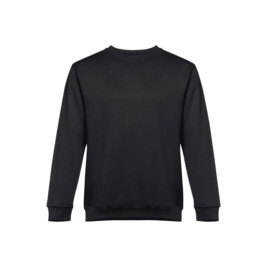 Musta unisex-collegepaita, pyöreä kaulus ja joustinsaumat hihansuissa ja vyötäröllä.