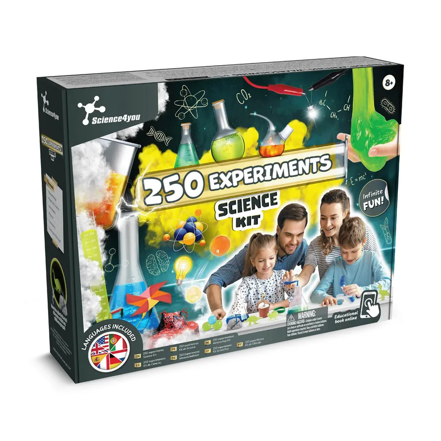 ULTRA KIT 250 EXPERIENCES -tiedesetin pakkaus, jossa kuvia kokeista, koeputkista ja välineistä.