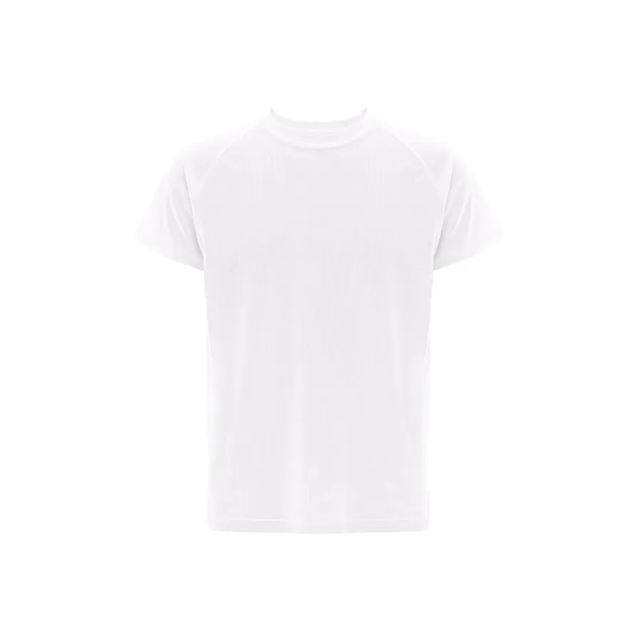Valkoinen tekninen t-paita, jossa pyöreä kaula-aukko ja raglan-hihat.