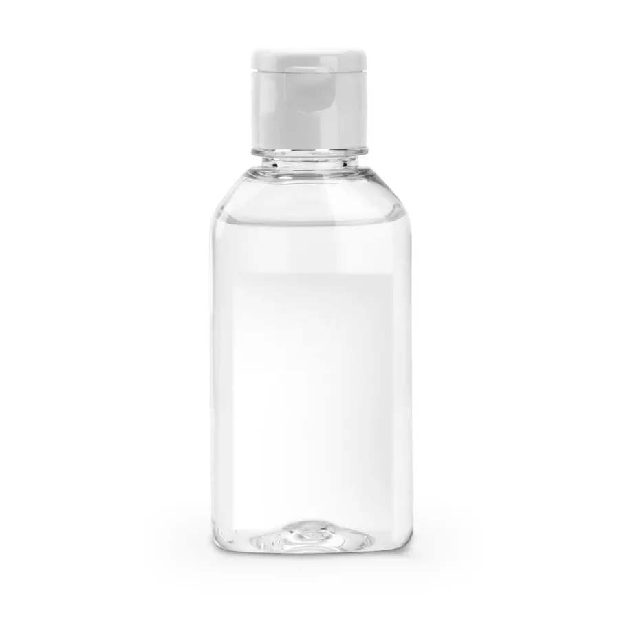 Kirkas 50 ml:n muovipullo, jossa valkoinen läppäkorkki ja kirkasta käsienpuhdistusgeeliä.