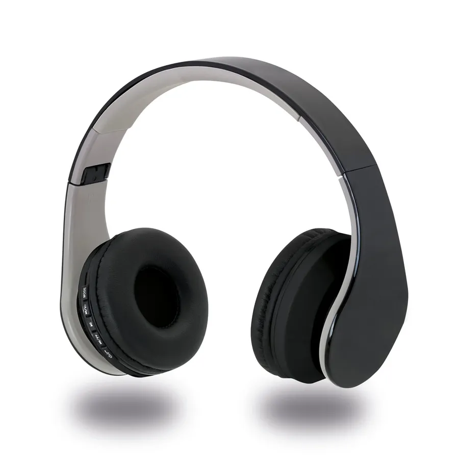 Mustat kokoontaittuvat Bluetooth-kuulokkeet, joissa säätöpainikkeet kuulokekupin reunassa.