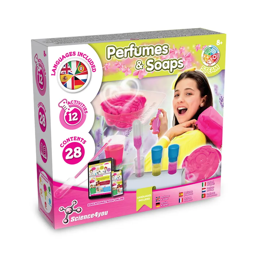 Perfume & Soap Factory Kit I -opetuspelin pakkaus, jossa näkyy saippuamuotteja, pulloja ja muita tarvikkeita.