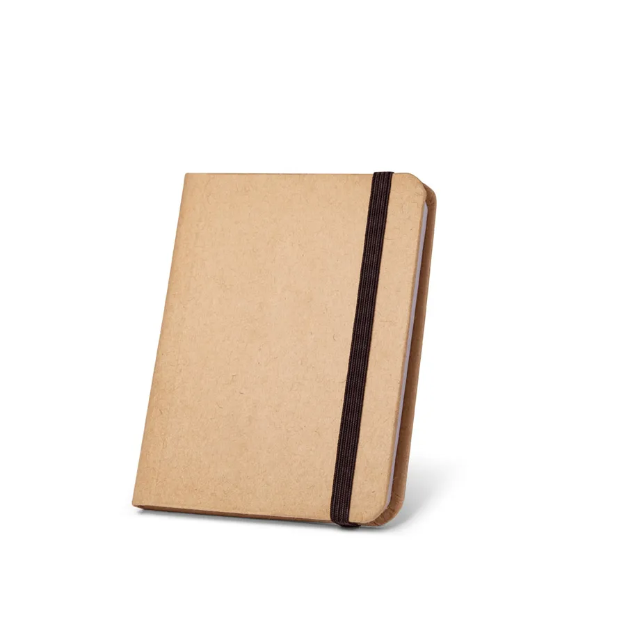 A7 notebook with a brown cardboard cover and a black elastic closure band.
