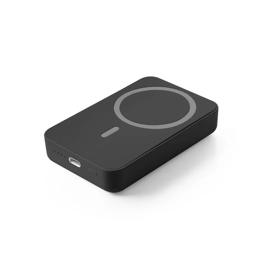 Musta magneettinen varavirtalähde, jossa pyöreä langattoman latauksen alue ja USB-C-liitäntä sivussa.