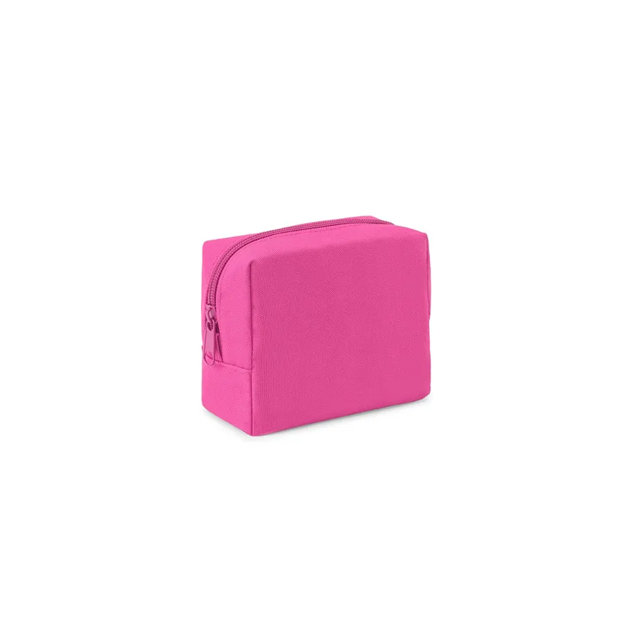 Pinkki suorakulmainen toilettilaukku, jossa yläreunan vetoketju.