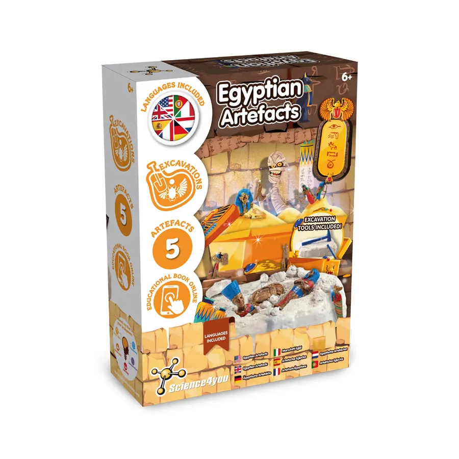 Ancient Egypt Excavation Kit I -kaivauspelin pakkaus, jossa kuvitus muumiosta ja egyptiläisistä esineistä.