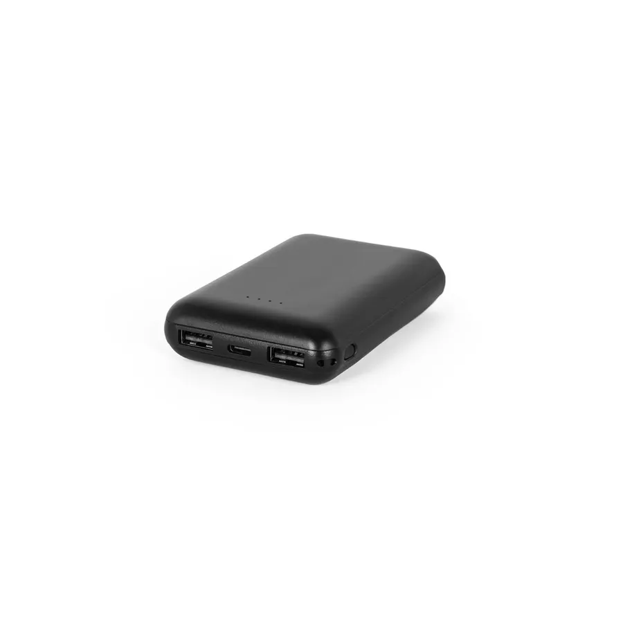 Musta suorakaiteen muotoinen varavirtalähde, jossa kaksi USB-A-porttia ja USB-C-portti.