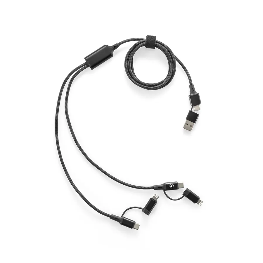 Musta 6-in-1-latauskaapeli, jossa USB-C-, USB-A-, Lightning- ja microUSB-liittimet sekä punottu johto.